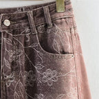 Women's High-Waist Jeans with Wide Leg, Floral Vintage Print and Five-Pocket Cut Fashion Glam