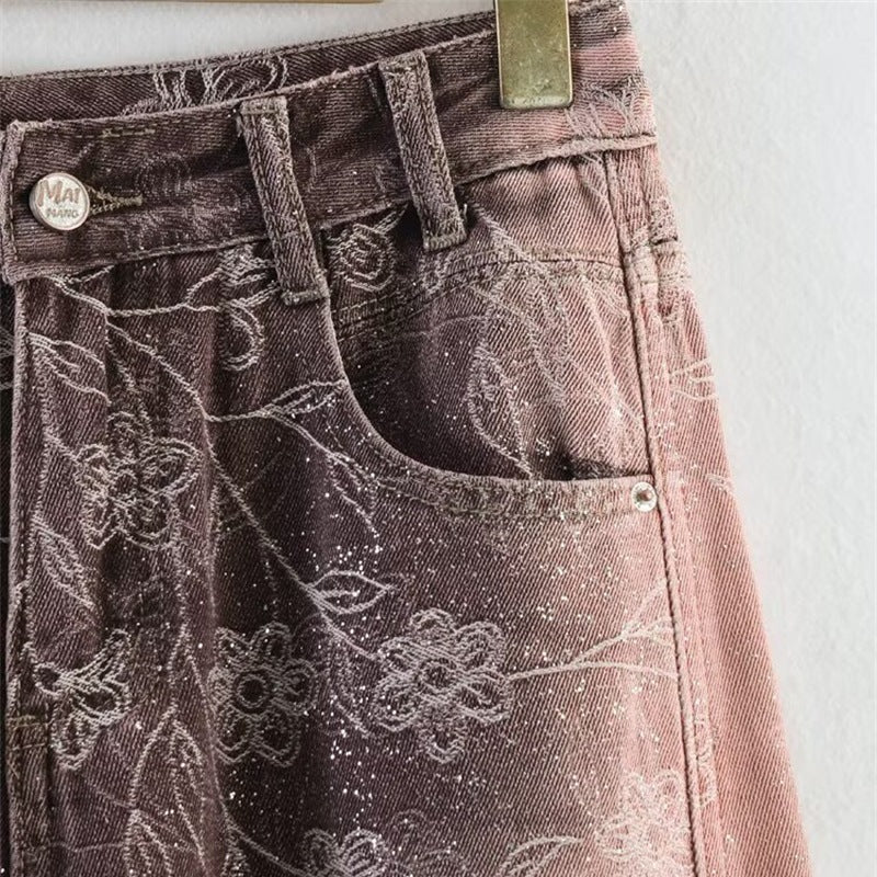 Women's High-Waist Jeans with Wide Leg, Floral Vintage Print and Five-Pocket Cut Fashion Glam