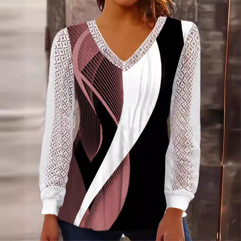 Women's V-neck blouse with abstract graphic print and lace sleeves Fashion Glam