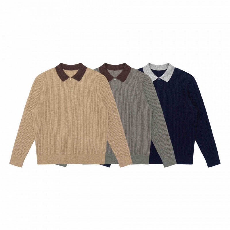 Men's Long-Sleeved Polo Sweater made of fine rib knit with contrasting collar Fashion Glam