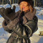 Women long oversized lambskin imitation coat with belt and shawl collar Fashion Glam