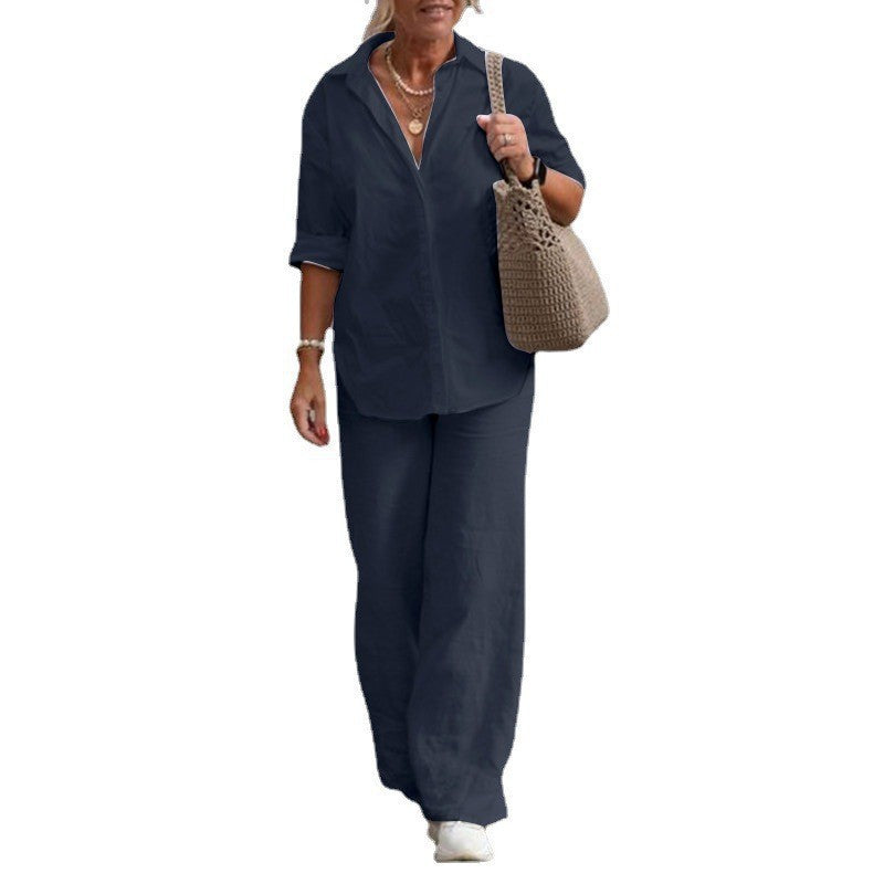 Women's Lightweight Linen Look Two-Piece with Oversized Shirt and Wide Palazzo Pants Fashion Glam