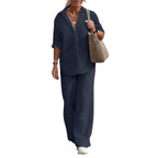 Women's Lightweight Linen Look Two-Piece with Oversized Shirt and Wide Palazzo Pants Fashion Glam