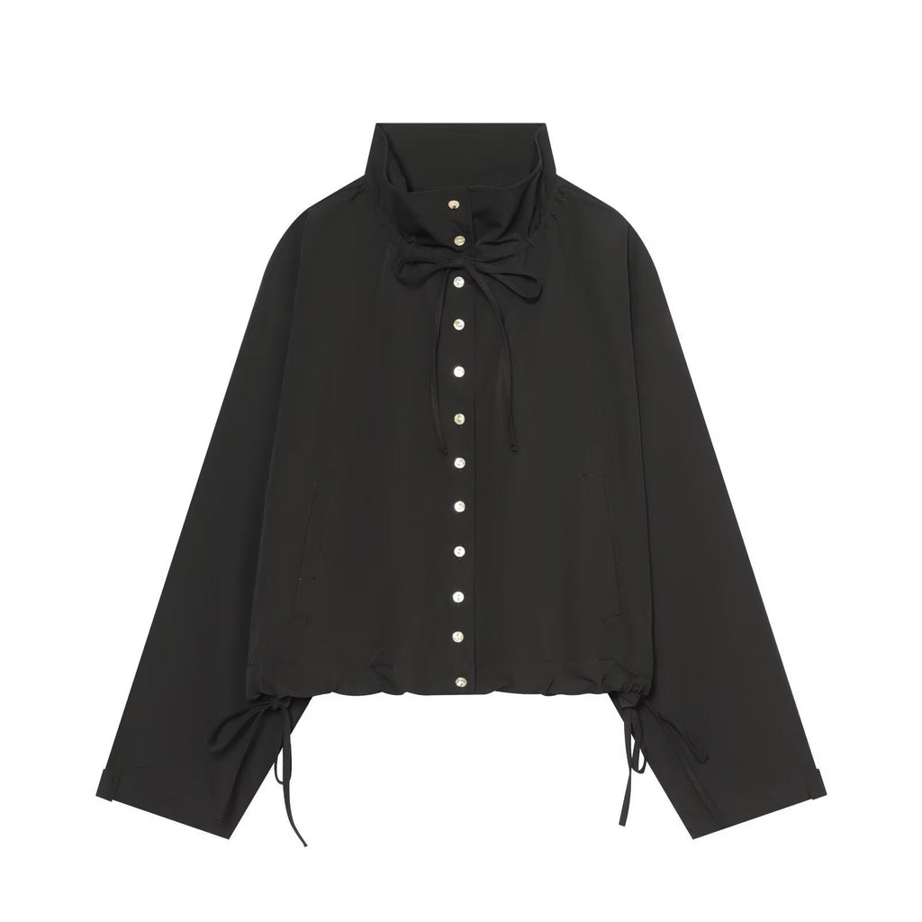 Women Cropped Oversized Utility Jacket with Stand Collar and Drawstring Fashion Glam