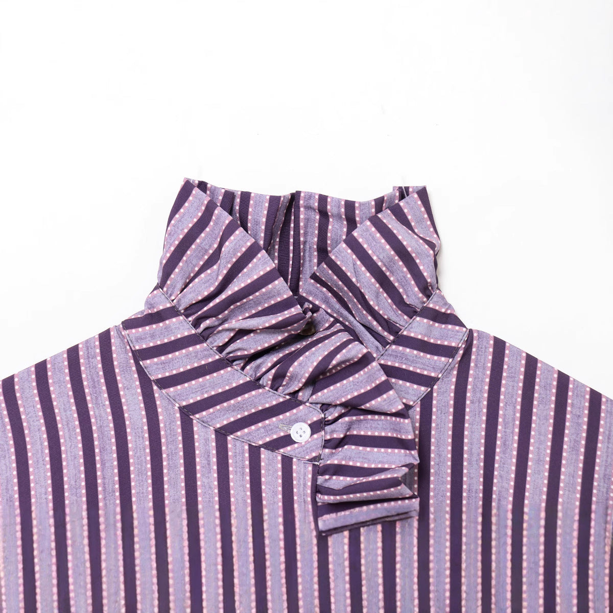 Women's Striped Ruffle Blouse with Stand-Up Collar and Flounce Cuffs Fashion Glam