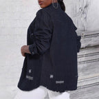 Women Oversize Denim Shirt Jacket with Used Effects and Raw Hem Fashion Glam