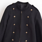 Ladies fitted short jacket in military style with decorative double-button placket, zipper, and shoulder epaulettes Fashion Glam