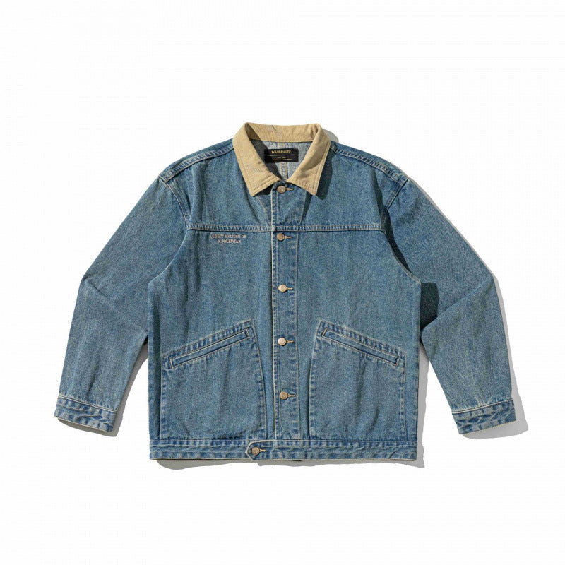 Unisex Boxy-Denim-Bomber Jacket with Cord Collar and Slanted Flap Pockets Fashion Glam