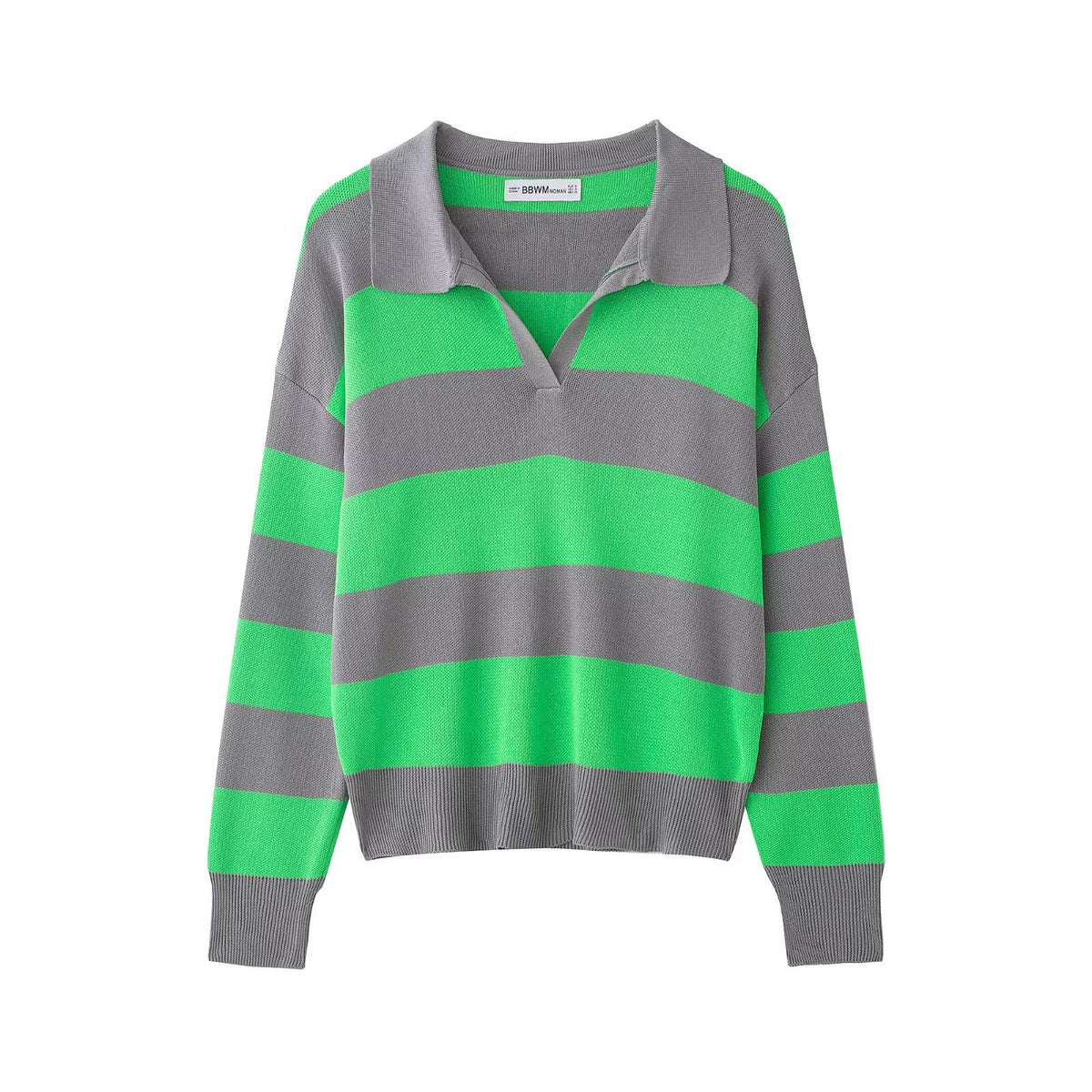 Women Striped Oversize Rugby Sweater with Polo Collar and V-Neck Fashion Glam