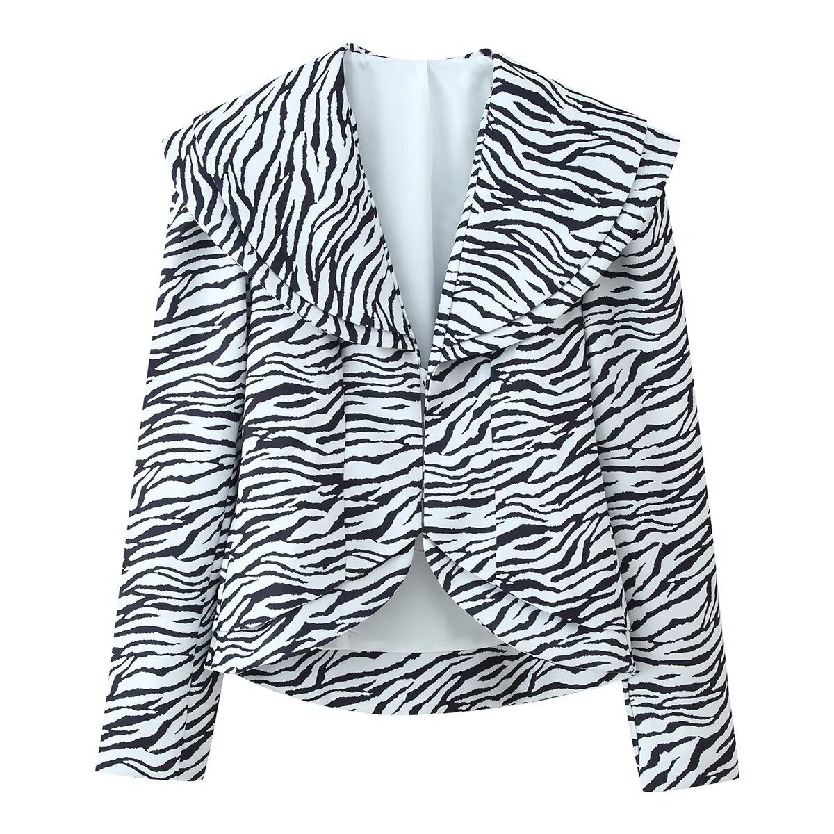 Women's Short Blazer with Oversized Shawl Collar and Zebra Print Fashion Glam