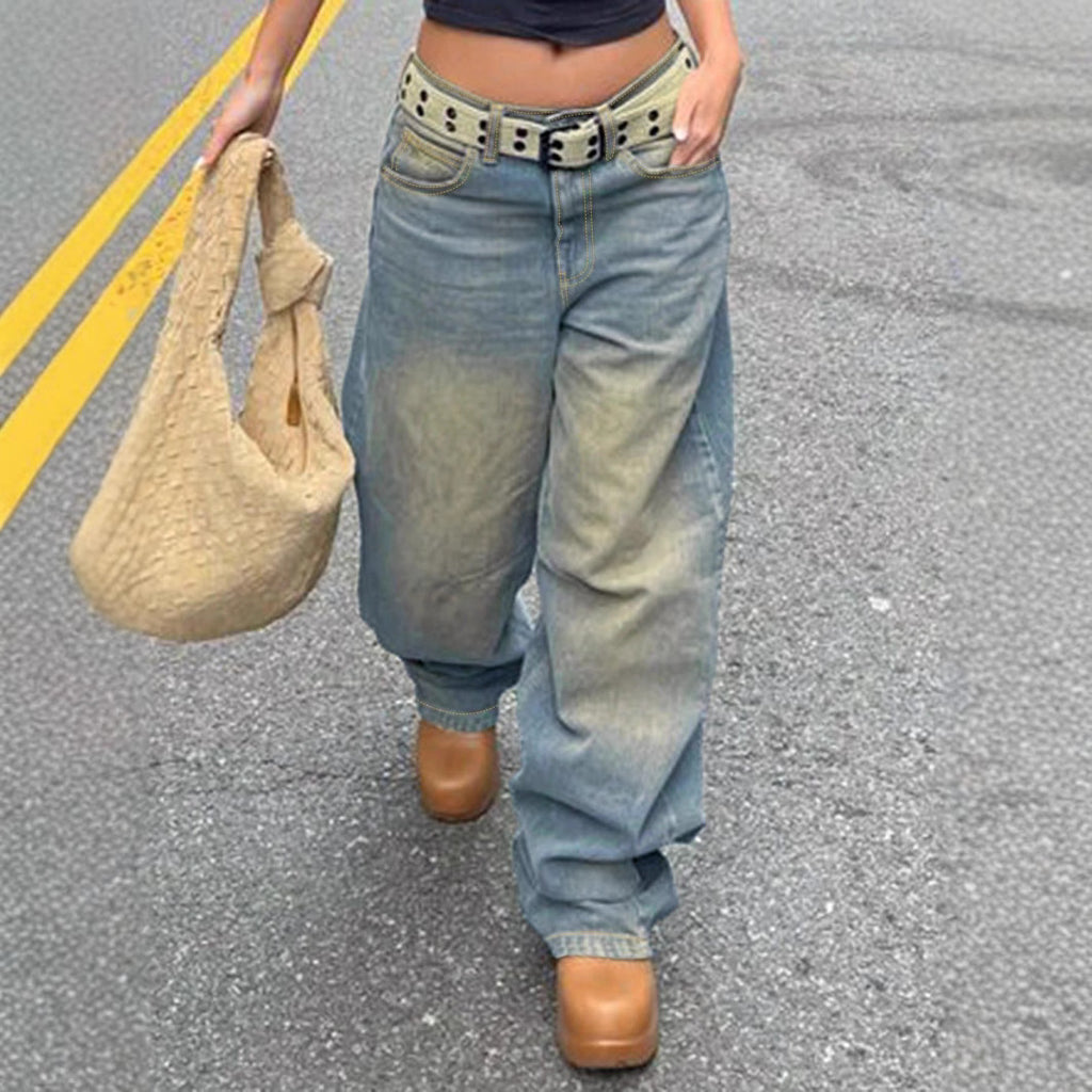 Women's vintage-inspired baggy jeans with a low rise, wide leg, and distressed wash Fashion Glam