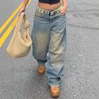 Women's vintage-inspired baggy jeans with a low rise, wide leg, and distressed wash Fashion Glam