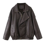 Women's Oversized Faux Leather Bomber Jacket with Asymmetrical Zipper and Waistband Fashion Glam