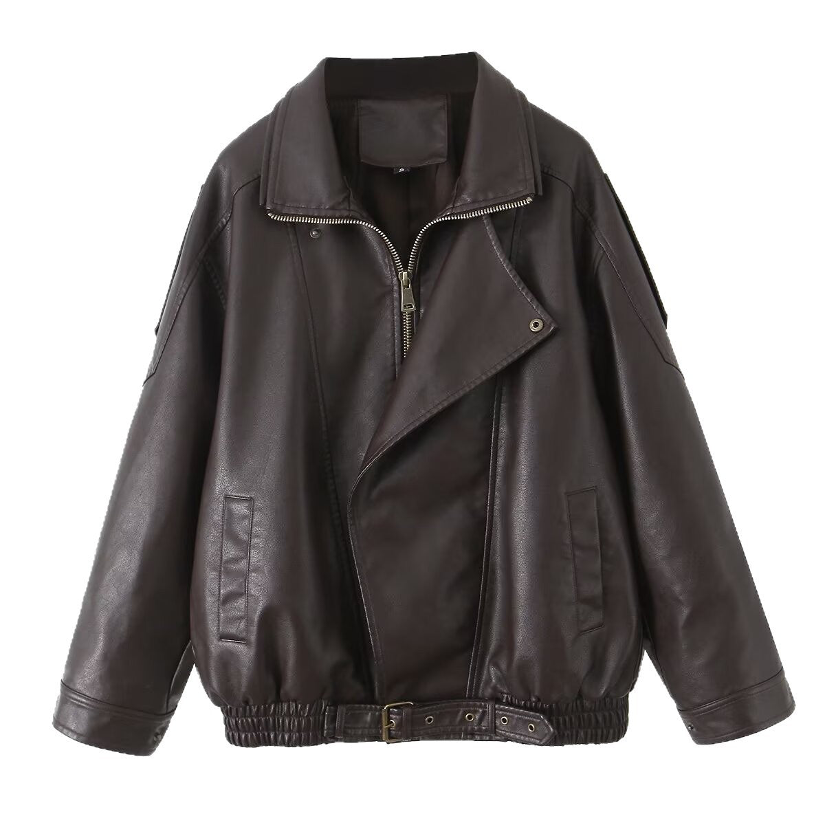 Women's Oversized Faux Leather Bomber Jacket with Asymmetrical Zipper and Waistband Fashion Glam