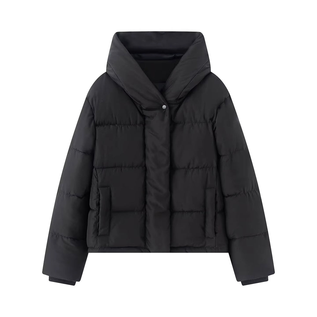 Women's short quilted puffer jacket with high stand-up collar and concealed button placket Fashion Glam