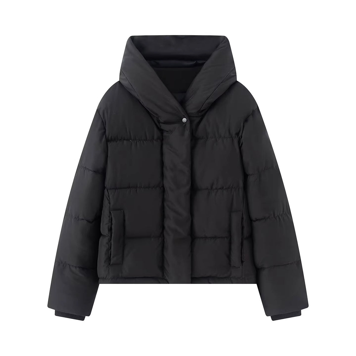 Women's short quilted puffer jacket with high stand-up collar and concealed button placket Fashion Glam