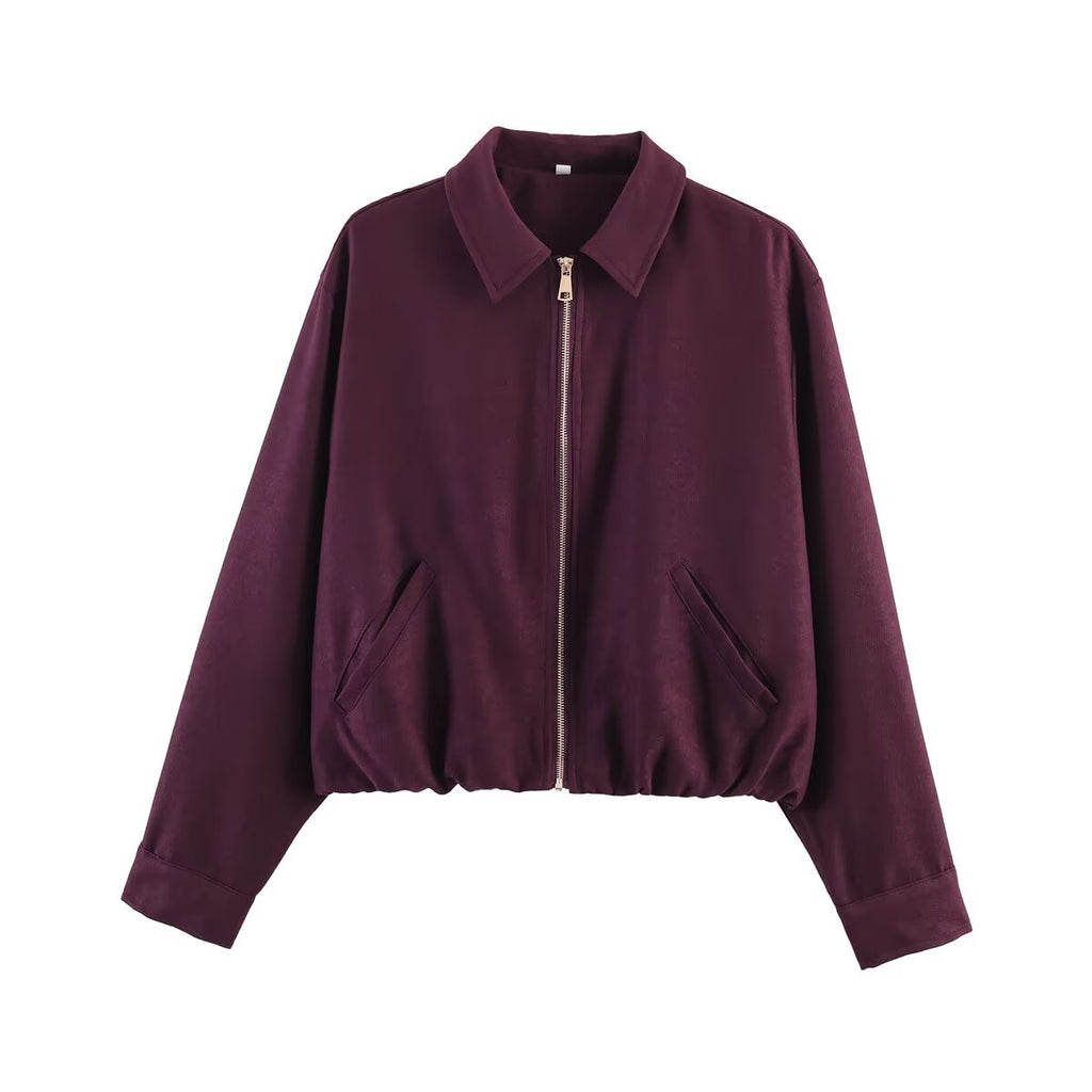 Ladies short cropped bomber jacket with zipper, shirt collar and elastic hem Fashion Glam