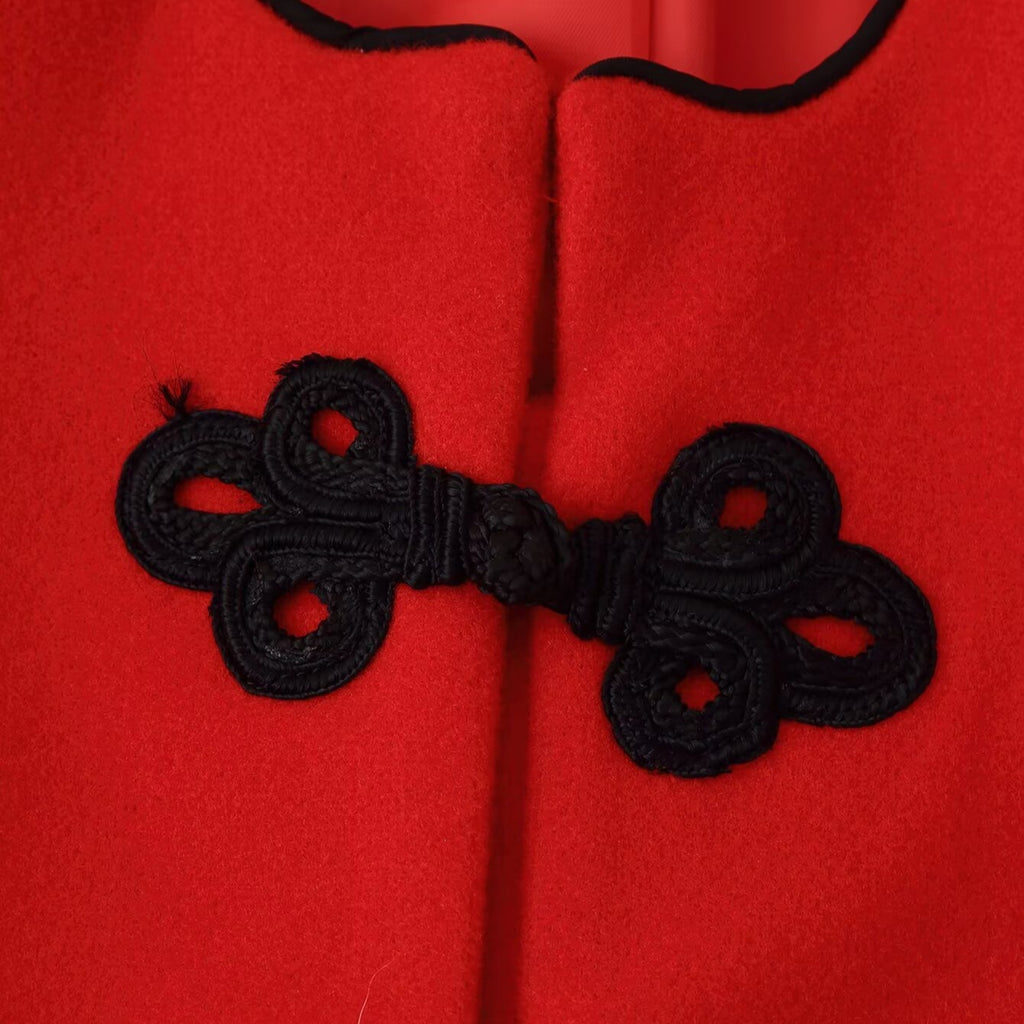 Women's Tailored Short Jacket in Mandarin Style with Keyhole Neckline and Decorative Knot Closures Fashion Glam