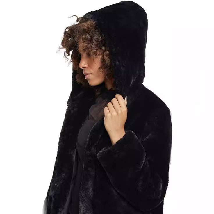 Women's Midi-Length Hooded Faux Fur Coat with Open Front and Lined Insert Pockets Fashion Glam