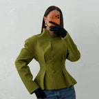 Women's Tailored Short Jacket with Stand Collar, Slit Neckline and Princess Seams Fashion Glam