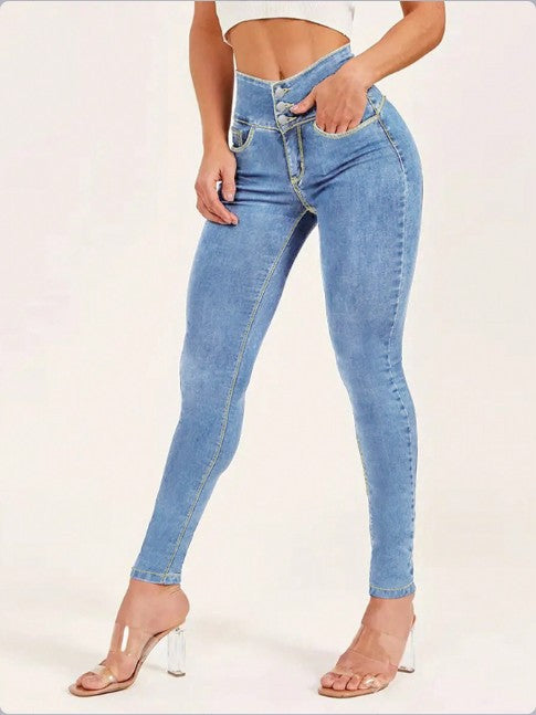 Women High-Waist Sculpting-Skinny-Jeans with waist-shaping V-waistband and double-button closure Fashion Glam