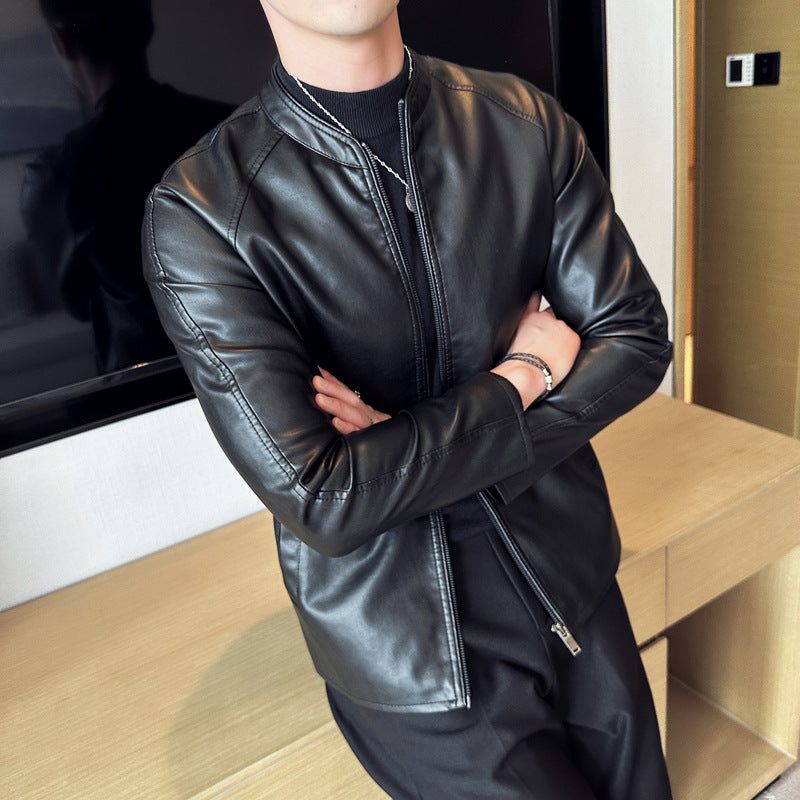 Men Slim Faux Leather Blouson with Stand-Up Collar and Concealed Zip Fashion Glam