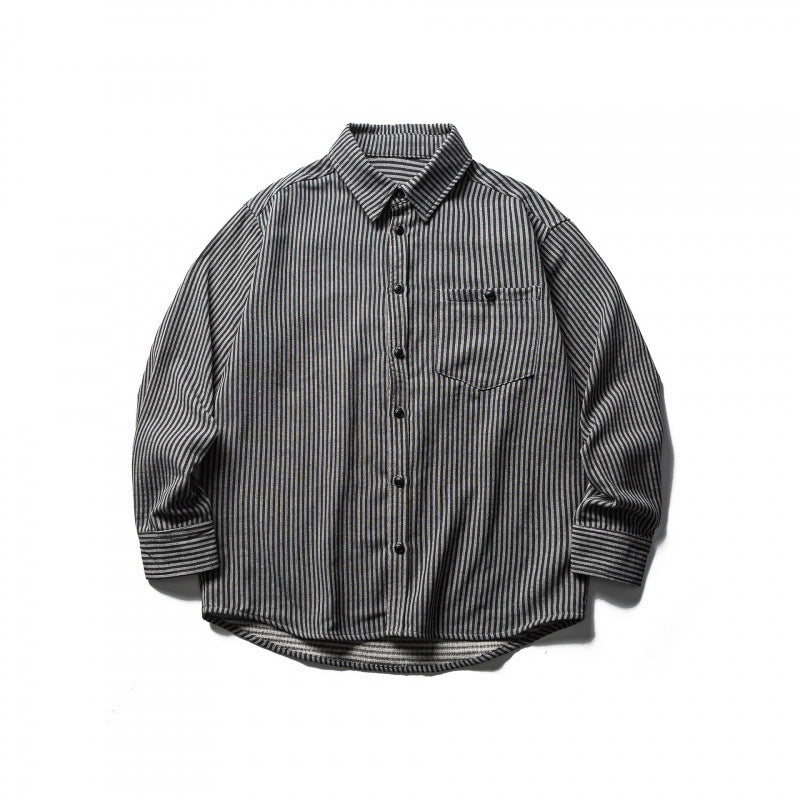 Men's Striped Oversized Shirt made of Washed Cotton Blend with Chest Pocket Fashion Glam