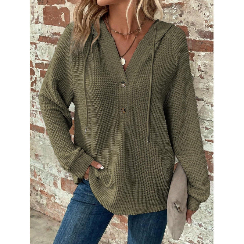 Women Waffle Knit Hoodie with Henley Button Placket and Oversized Cut Fashion Glam
