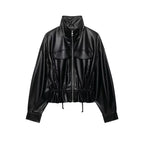 Women's cropped faux leather bomber jacket with drawstring waist Fashion Glam