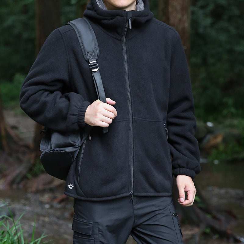 Men's fleece hooded jacket for outdoor with thermal lining, windproof surface and zip pockets Fashion Glam