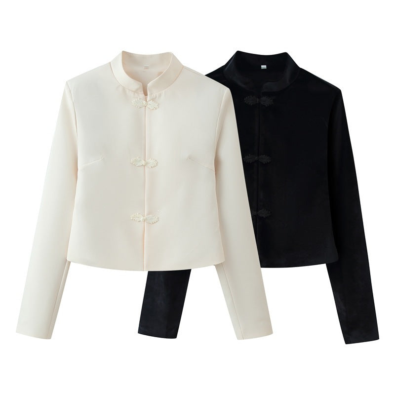 Women Cropped Tailored Jacket with Mandarin Collar and Decorative Toggle Closures Fashion Glam