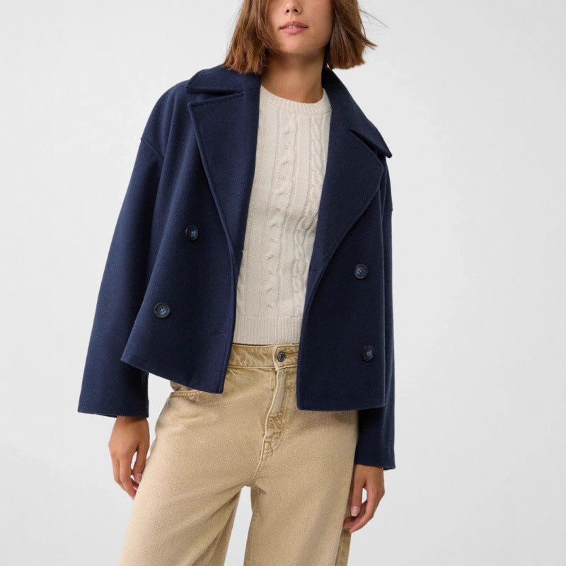 Women's Short Double-Breasted Wool Blend Peacoat with Oversized Lapels Fashion Glam