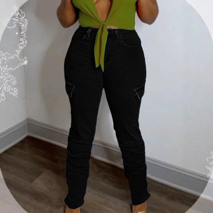 Women's High-Waisted Cargo Jeans with Slim Fit and Gathered Leg Hems Fashion Glam