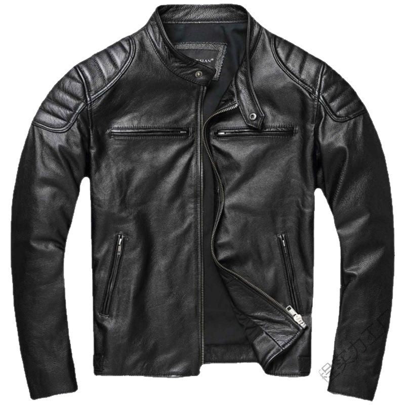 Men's leather jacket in vintage biker style with chest pockets and zipper Fashion Glam