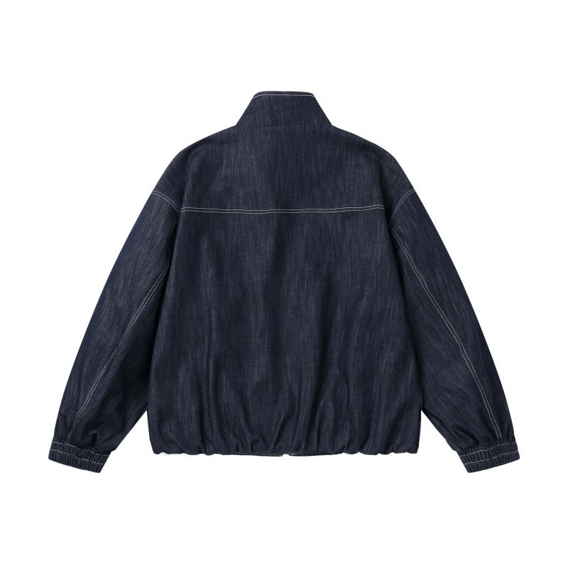 Unisex Boxy Jeans Bomber Jacket with Stand Collar, Zipper and Elastic Hem Fashion Glam
