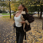 Women's Casual Aviator Biker Jacket in Vintage Leather Look with Sherpa Lining Fashion Glam