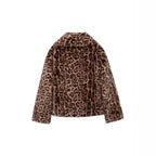 Women's short boxy faux fur jacket with leopard print and large shawl collar Fashion Glam