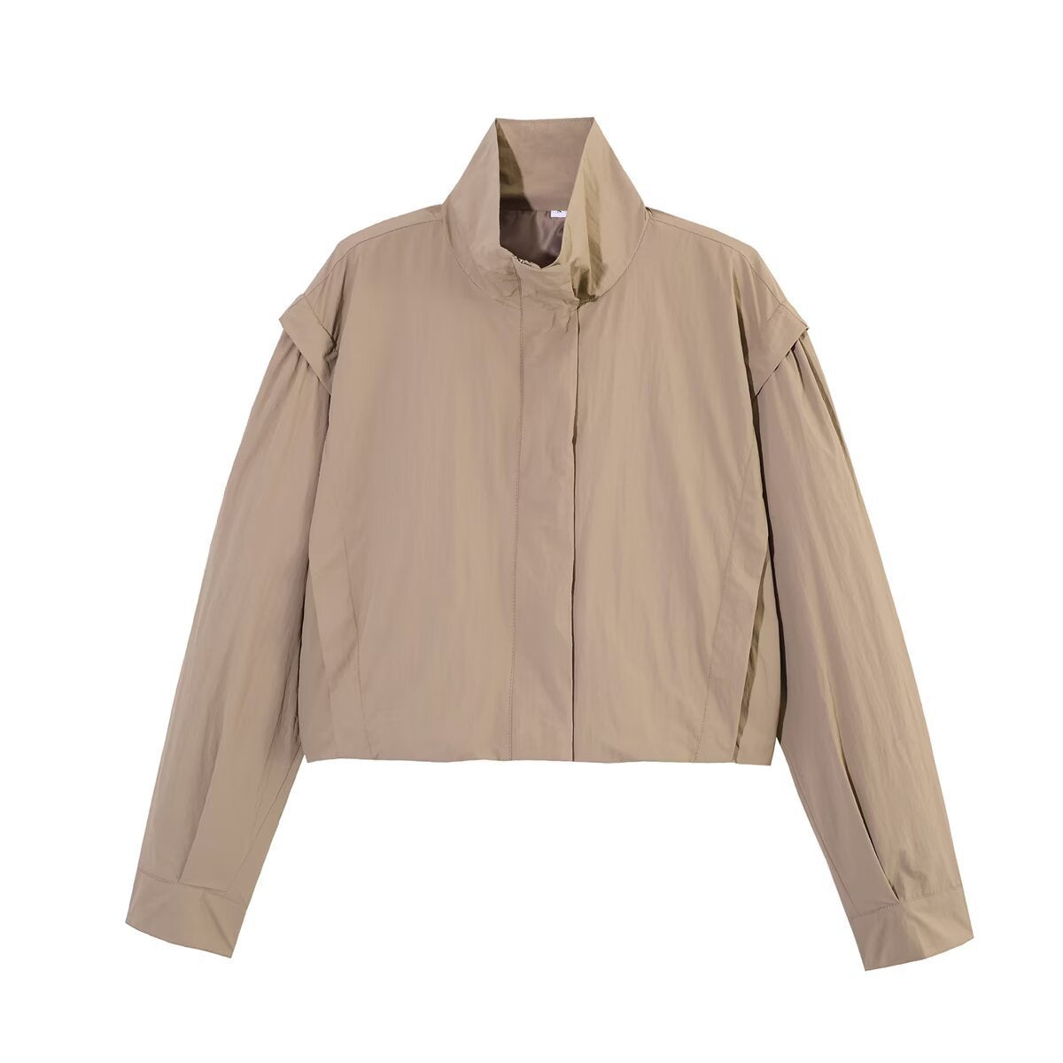 Women Cropped Waist-free Blouson Jacket with High Standing Collar and Pleated Sleeve Panels Fashion Glam