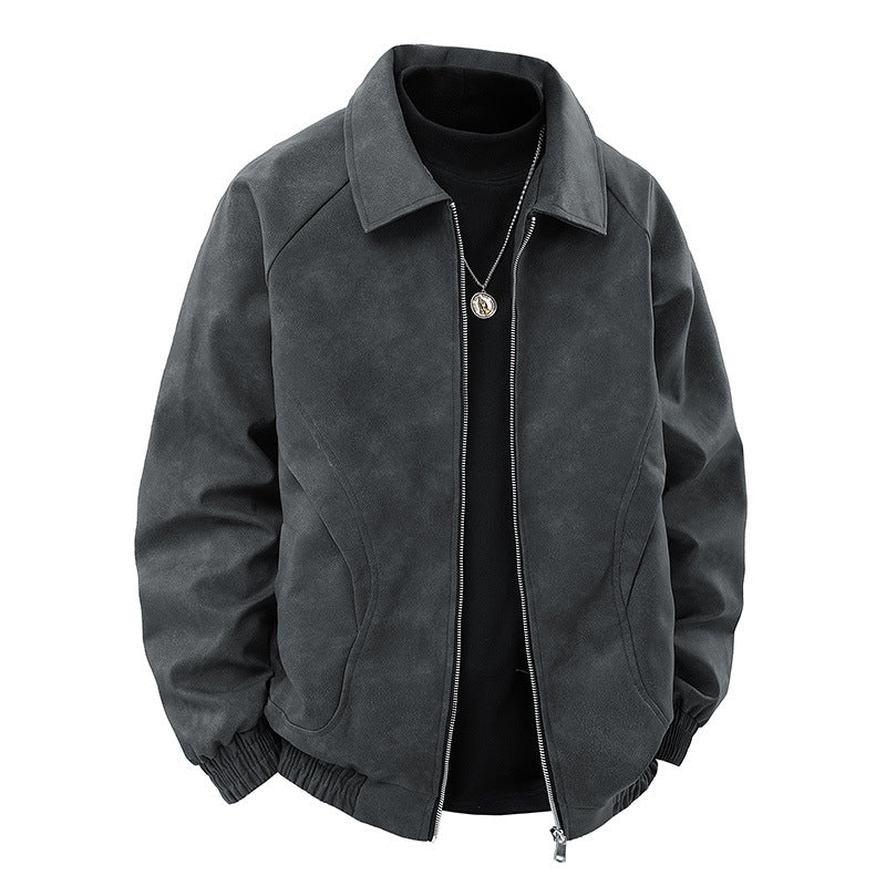 Men's Suede-Look Blouson Jacket with Shirt Collar and Elastic Cuffs Fashion Glam