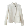Women Boucle Blazer with Stand Collar, Asymmetrical Closure and Fringed Hem Fashion Glam
