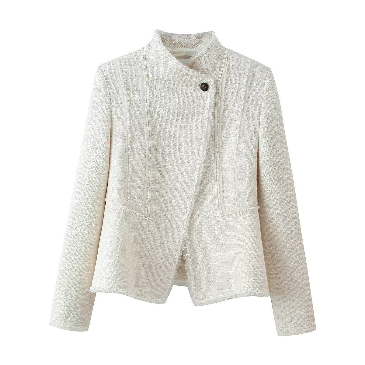 Women Boucle Blazer with Stand Collar, Asymmetrical Closure and Fringed Hem Fashion Glam