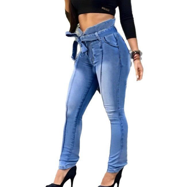 Women High-Waisted Paperbag Skinny Jeans with Ties and Vertical Seam Guidance Fashion Glam