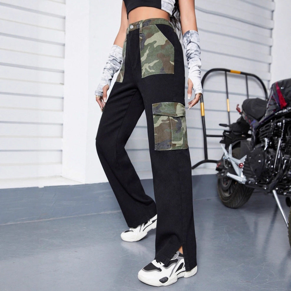 Ladies High-Waist Cargo Jeans with Camouflage Inserts and Wide Leg Fashion Glam