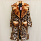 Women’s Longer Faux Fur Coat in Leopard Print with Large Fur Collar and Pocket Trim Fashion Glam