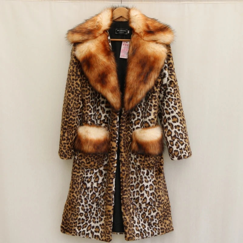Women’s Longer Faux Fur Coat in Leopard Print with Large Fur Collar and Pocket Trim Fashion Glam