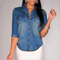 Women's tailored denim shirt blouse with chest pockets and pearl buttons Fashion Glam