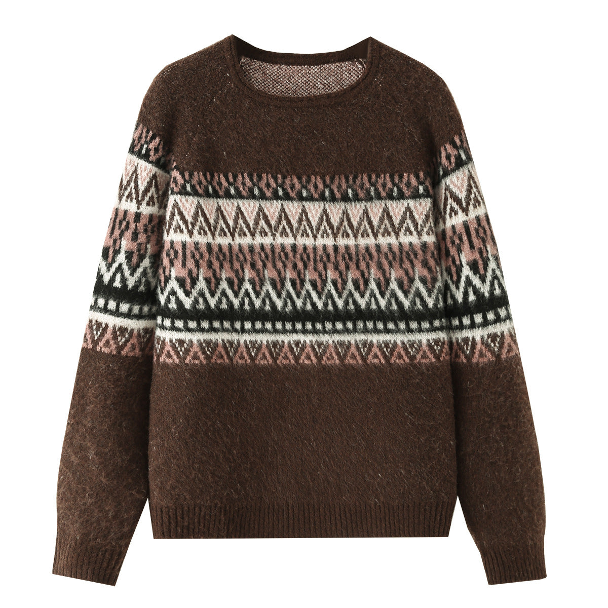 Women Oversize Mohair-Mix Sweater with Round Neck and Fair Isle Pattern Fashion Glam