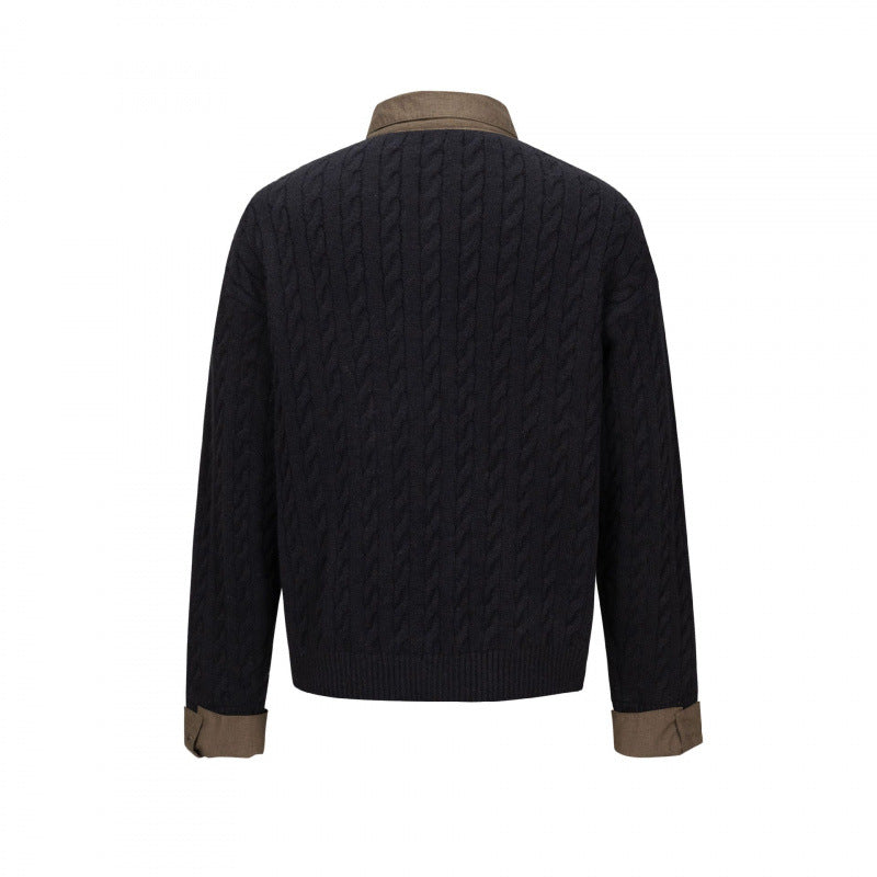 Men's Structured Cable Knit Henley Sweater with Contrast Shirt Collar and Cuff Turn-ups Fashion Glam