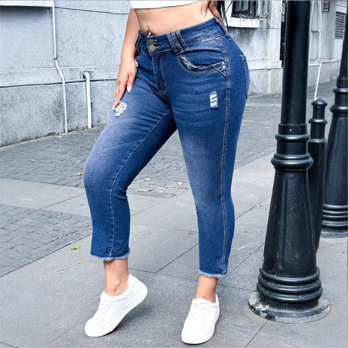 Women's High-Waisted Cropped Skinny Jeans made of Superstretch Denim with Double Button Placket and Raw Fringe Hem Fashion Glam