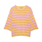 Women's Striped Oversized Knit Sweater with Wide Three-Quarter Sleeves and Round Neckline Fashion Glam